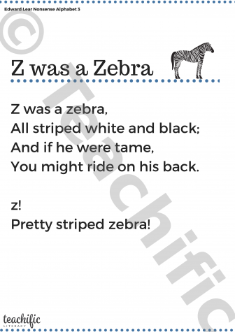 Preview image for Poems: Z Was a Zebra - Nonsense Alphabet 3, Yrs 2,3