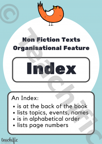 Preview image for Non Fiction Poster: Organisational Feature, Yrs K-2 - Index