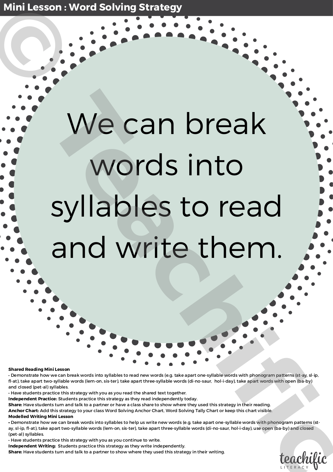 Mini Lessons Word Solving Strategy Break Word into Syllables Teachific
