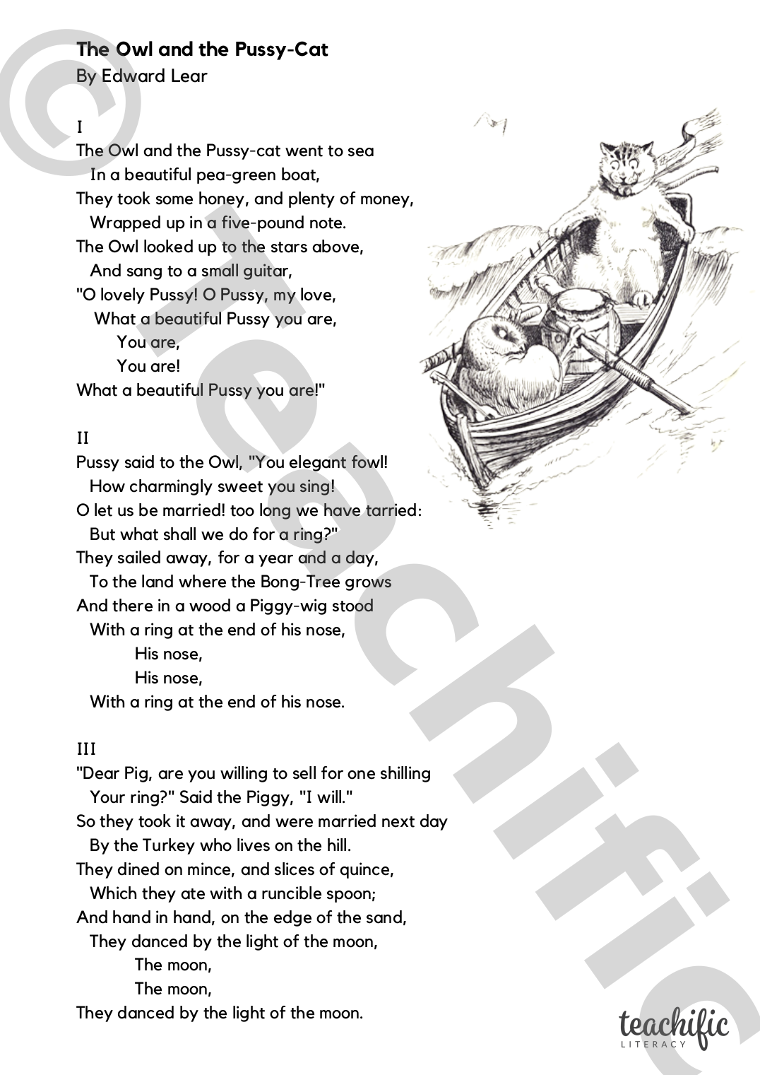 Poem The Owl and the PussyCat, by Edward Lear Teachific