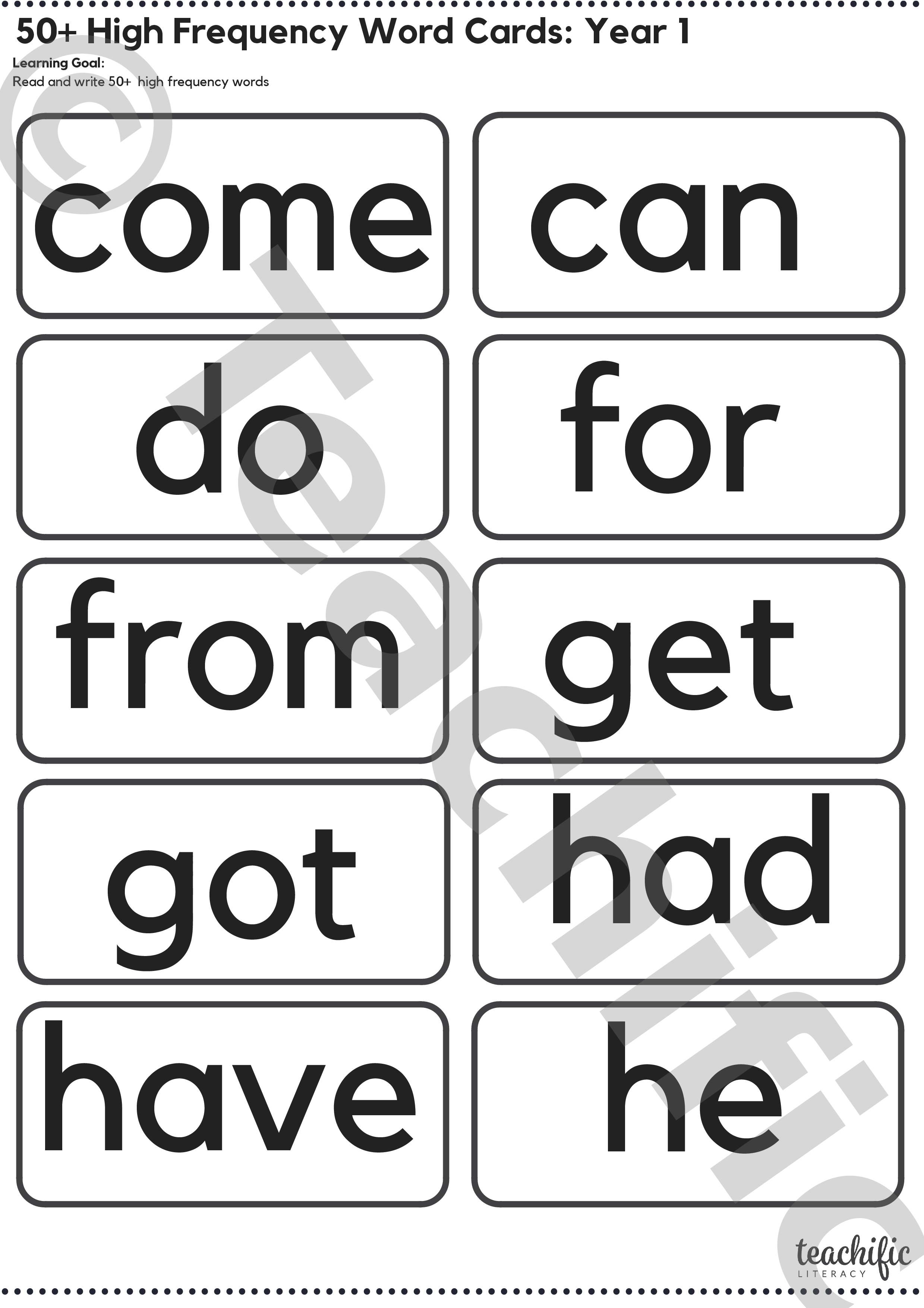High Frequency Word Cards: 50+ Words Year 1 | Teachific