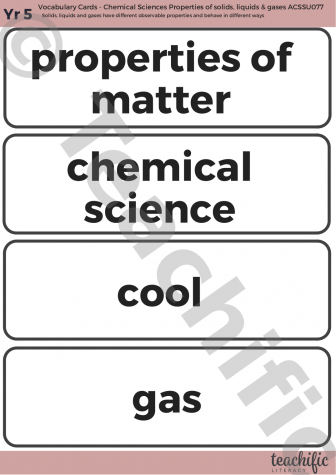Preview image for Science Vocabulary Cards: Yr 5 Chemical Sciences - Properties of solids, liquids & gases