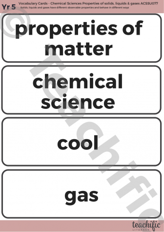 Preview image for Science Vocabulary Cards: Yr 5 Chemical Sciences - Properties of solids, liquids & gases 