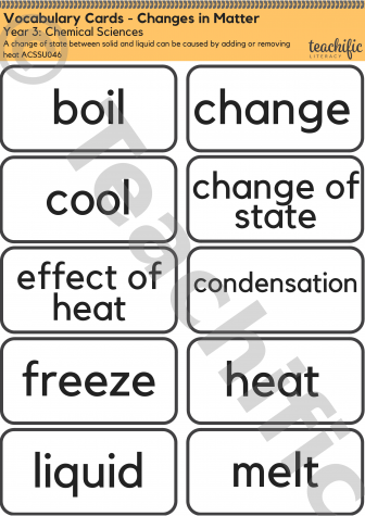 Preview image for Science Vocabulary Cards: Yr 3 Chemical Sciences - Changes in Matter