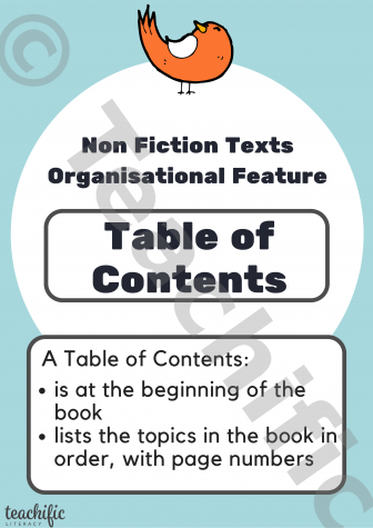 Preview image for Non Fiction Poster: Organisational Feature, Yrs K-2 - Table of Contents